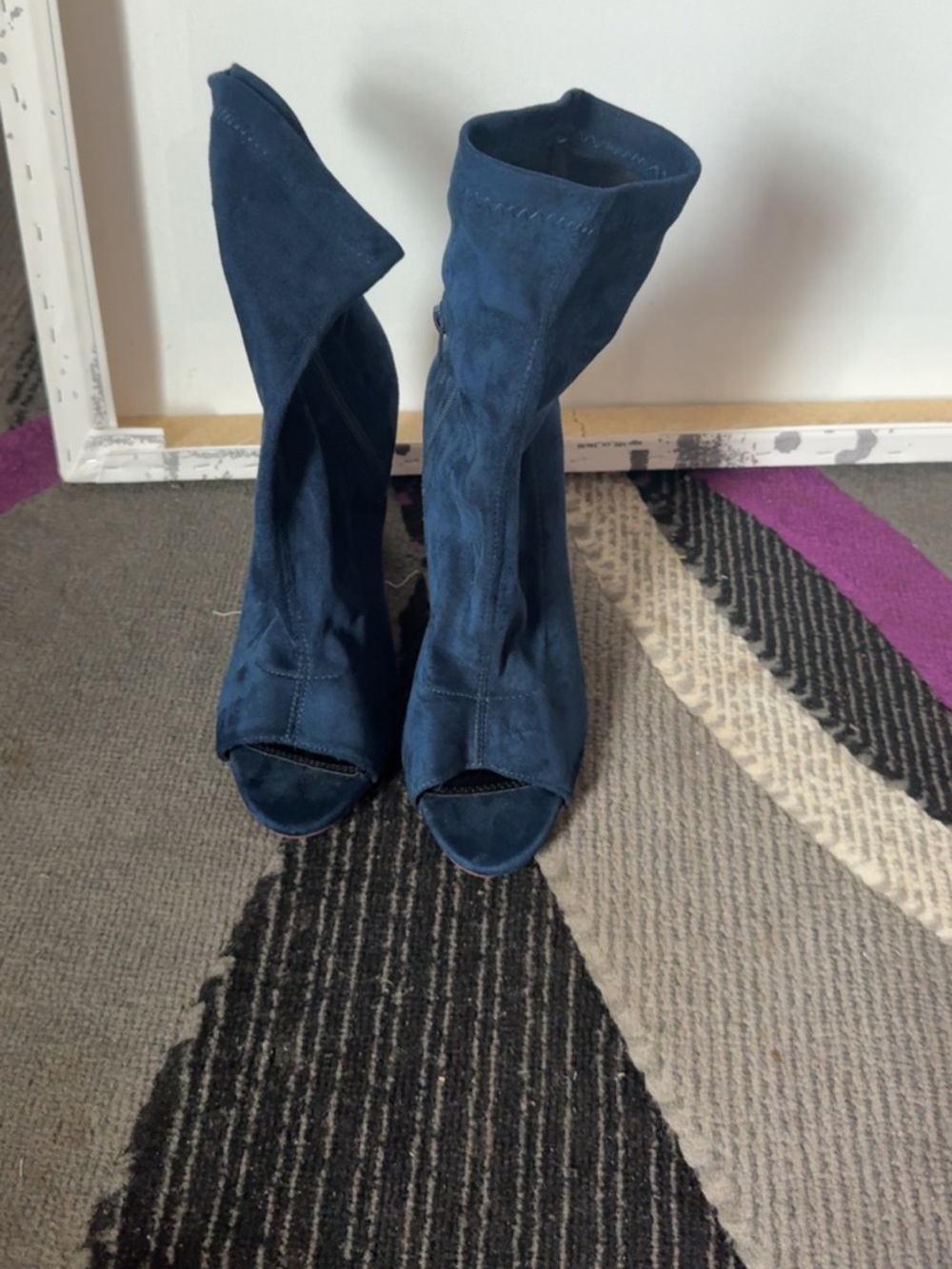 Women's Navy Suede Peep-Toe Heeled Booties